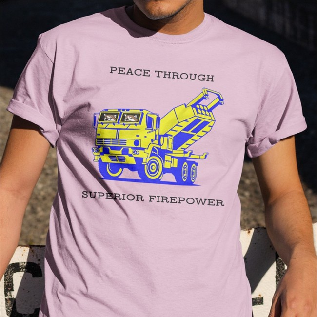 Saint Javelin Shop M142 Himars Army Truck Peace Through Superior Firepower T-Shirt John Bono Kama