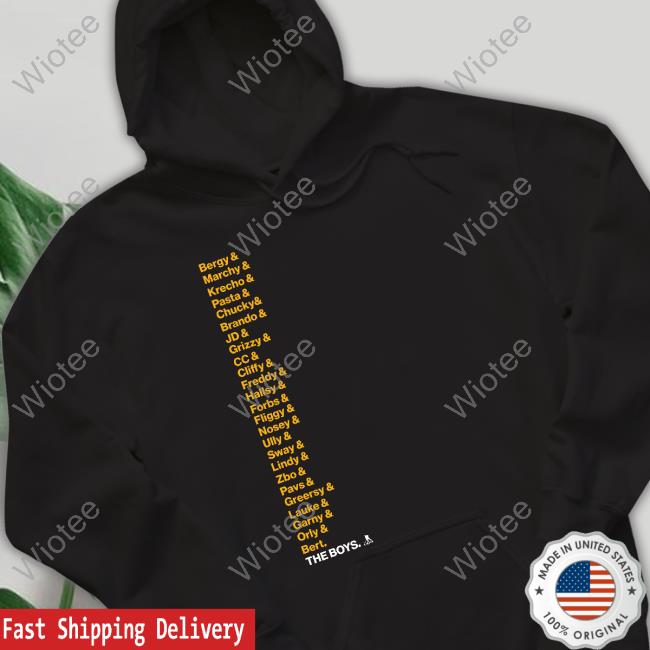 Boston Proshop Bruins 2023 The Boys Roster Bergy & Marchy & Krecho & Pasta & Chucky Long Sleeved T Shirt Official Boston Proshop Bruins 2023 The Boys Roster Tee