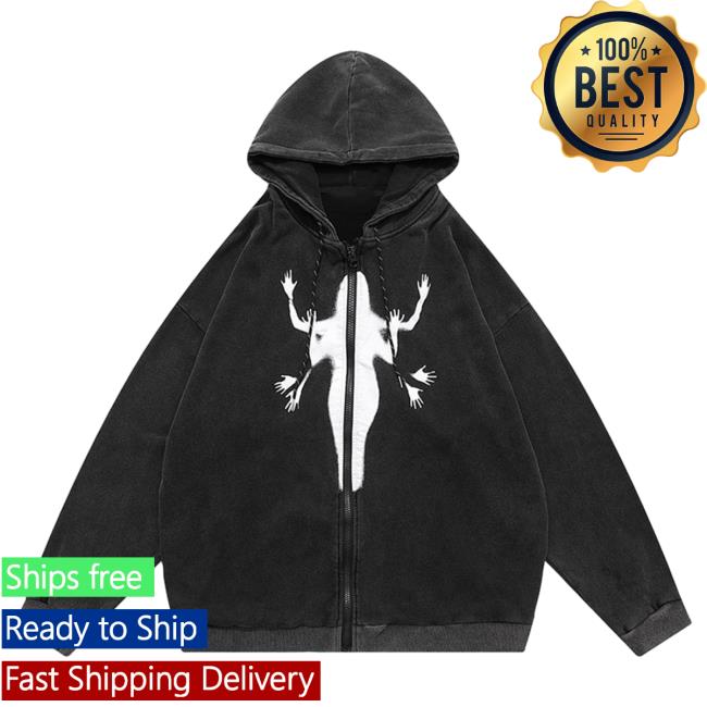 Official Lemandik Washed Zipper Hooded Sweatshirt Black Portrait Print
