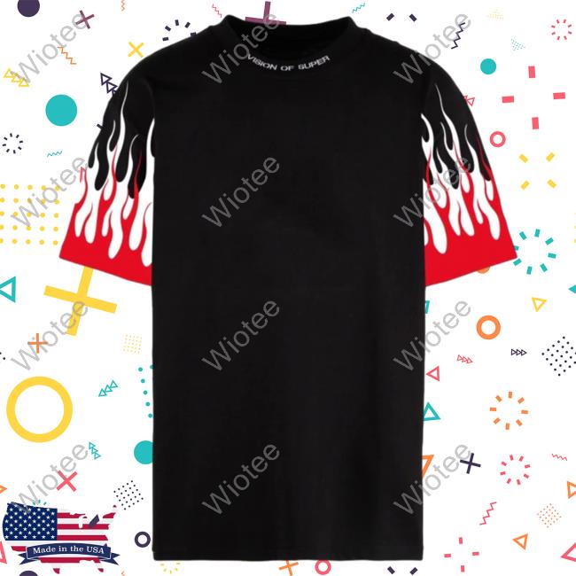 Official Vision Of Super Black T-Shirts With Printed Red And White Flames