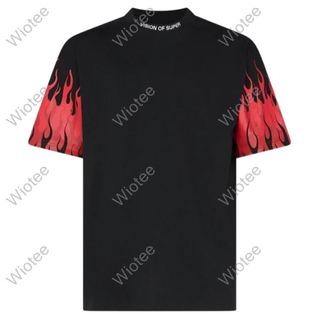 Official Vision Of Super Black Tees With Reversed Red Flames On Sleeves