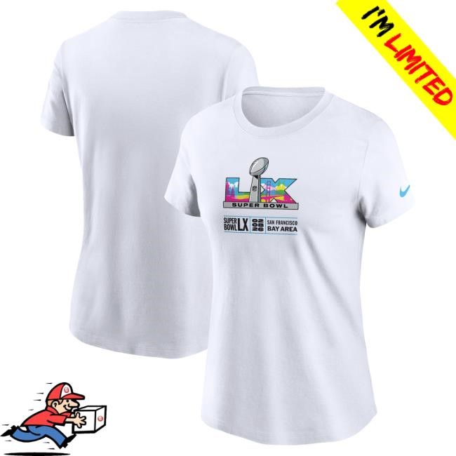 Stadium Ready Super Bowl LIX NFL Nike White Logo T-Shirt Authentic NFL Super Bowl LIX Nike Women Bay Area Logo Drop