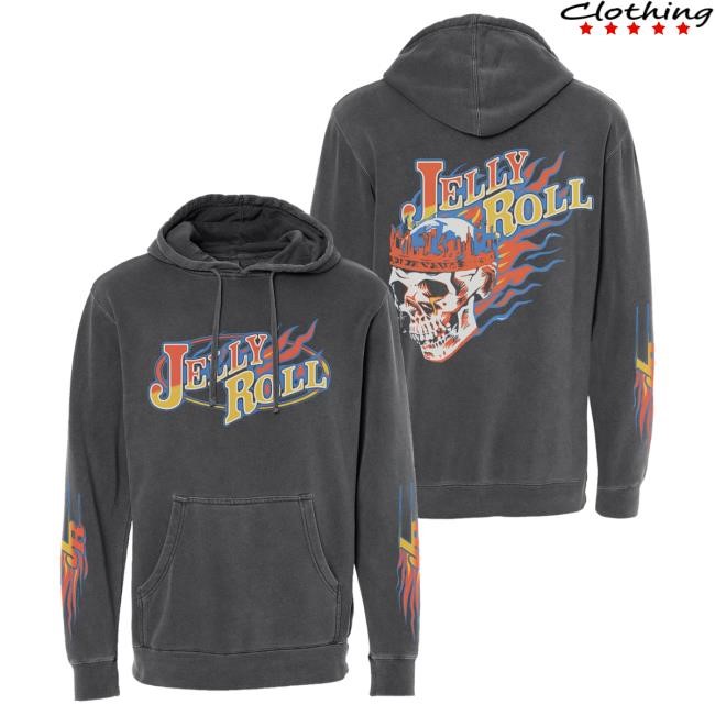 Official Jelly Roll Merch Store Flame Skull Pigment Black Pullover Hoodie Official Jelly Roll Merch Store Flame Skull Pigment Black Hooded Sweatshirt