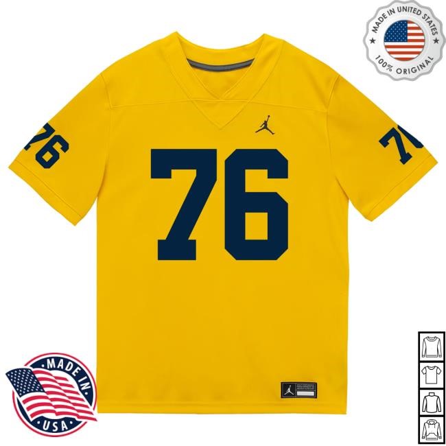 Michigan Wolverines #76 Manuel Beigel Student Athlete Maize Football Jersey Shirts The M Den Shop Official Michigan Wolverines #76 Manuel Beigel Student Athlete Maize Football Jersey Tee The M Den Shop Official