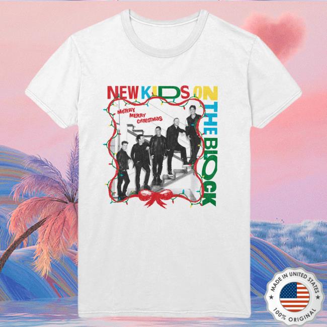 Official Merch Bar New Kids On The Block Store Nkotb Holiday Staircase Photo Crewneck White MerchBar NewKidsOnTheBlock