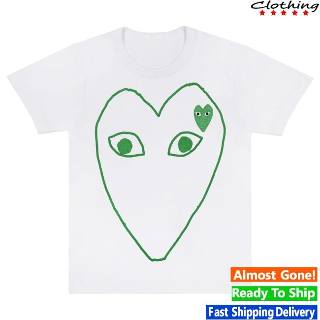 Official Forrest Comme Des Garcons Store Shop PLAY White Tshirt with Green Outline Heart and Emblem Official Forrest Comme Des Garcons Store Shop PLAY White Top Shirt with Green Outline Heart and Emblem