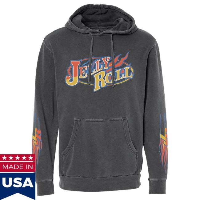 Official Jelly Roll Merch Store Flame Skull Pigment Black Pullover Hoodie