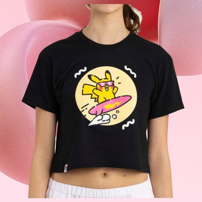 Pikachu Pokémon Lazy Summer Black Relaxed Fit Crew Neck Crop Top - Women Shirt