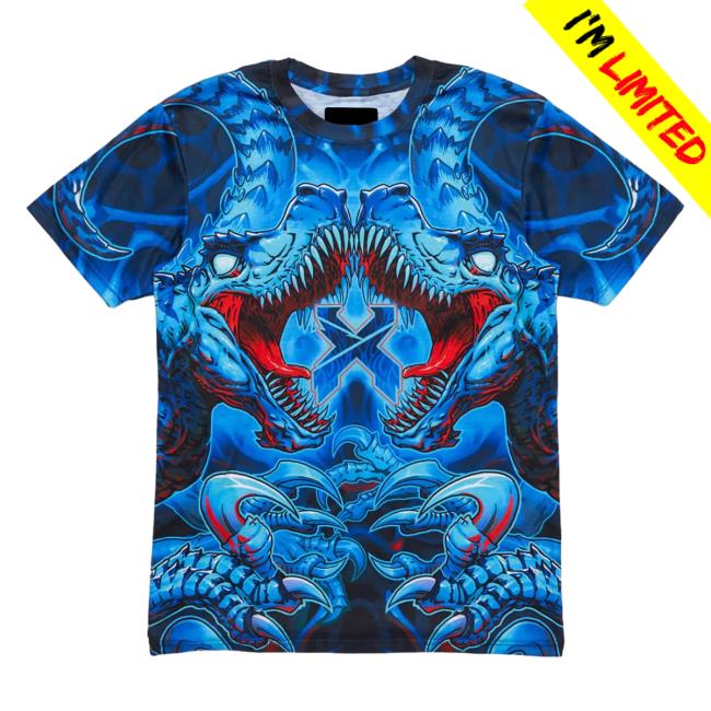 Official Excision Merch Raptor Attack Dye Sub Tee Shirt Bue