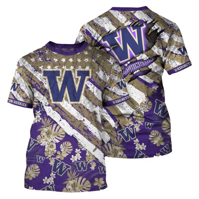 Banantees Washington Huskies Tropical Flower Style And Flag All Over Printed 3D Shirts