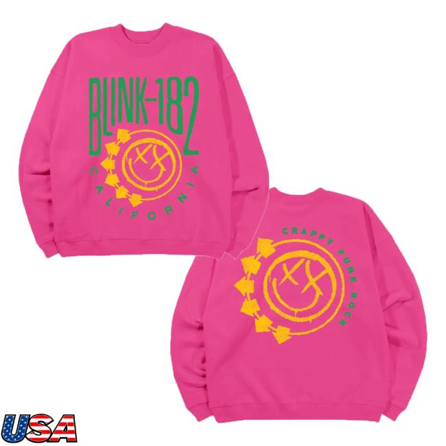 Official Blink 182 Merch Smiley Oversized Crewneck Sweatshirt - Pink